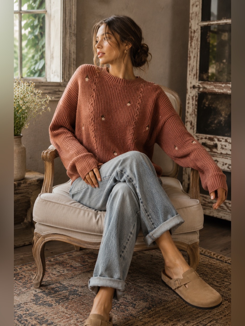 Hem & Thread Rust Cable Knit Sweater with Floral Accents